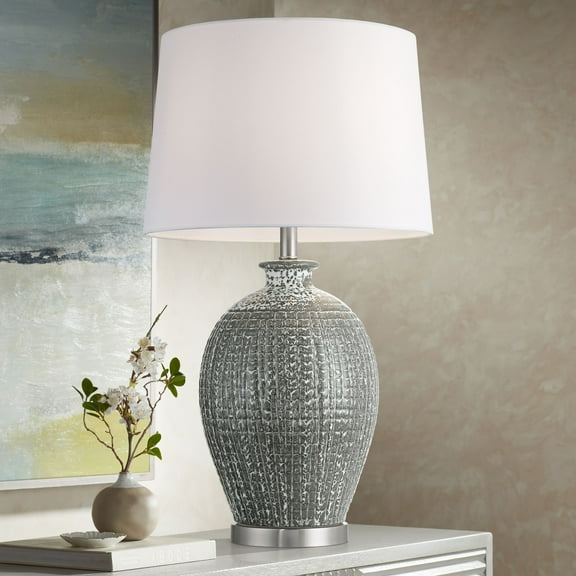 360 Lighting Dylan 28 1/4" Tall Modern End 3-Way Table Lamp Textured Silver Glaze Finish Ceramic Single White Shade Living Room Bedroom