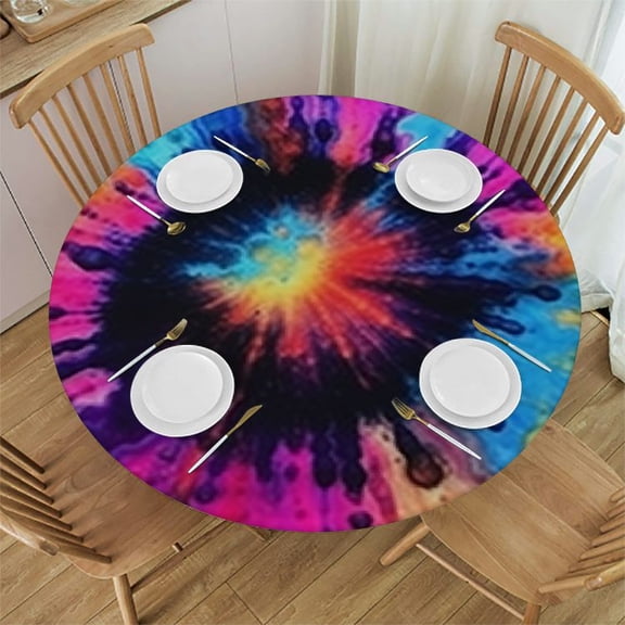 HAOXIT Colorful Tie Dye On Black Round Dinner Tablecloth,Washable Spill Proof Table Cloth, Table Cover for Kitchen Dining Room Party,Desk Clothes for Indoor & Outdoor 31-35