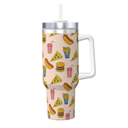 

Goofa Hamburger Pizza Coke Print 40oz Ice Bully With Handle And Straw Stainless Steel Vacuum Insulated Cup And 2 In 1 Straw Lid