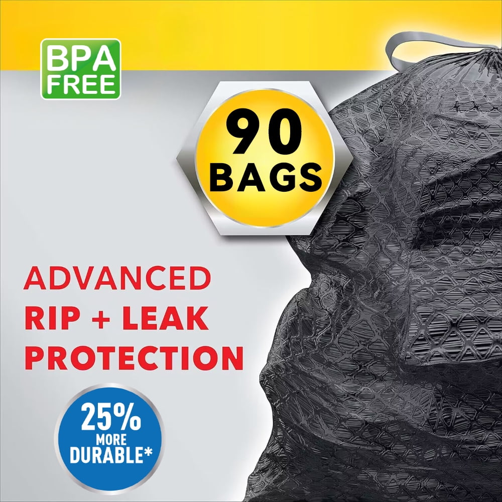 Xtratuff MegaFlex 30 Gallon Kitchen Drawstring Trash Bags – 90 Count, Black, Unscented, Heavy Duty with Leak & Tear Protection