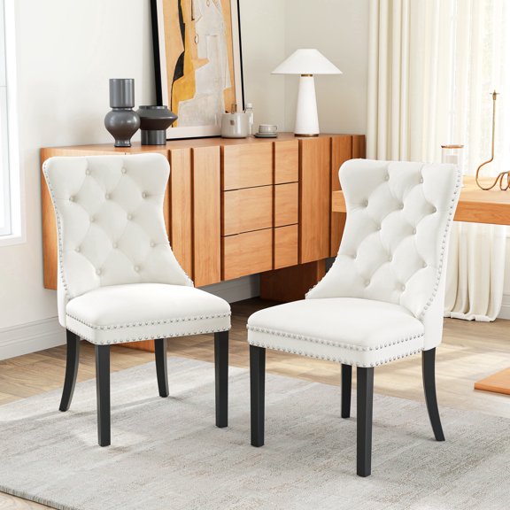 Velvet Dining Chairs Set of 2, Black Wooden Legs, Modern Tufted Velvet Upholstered Backrest with Nailhead Trim, Wing Back with Back Ring Pull, for Dining Room, Living Room, Office