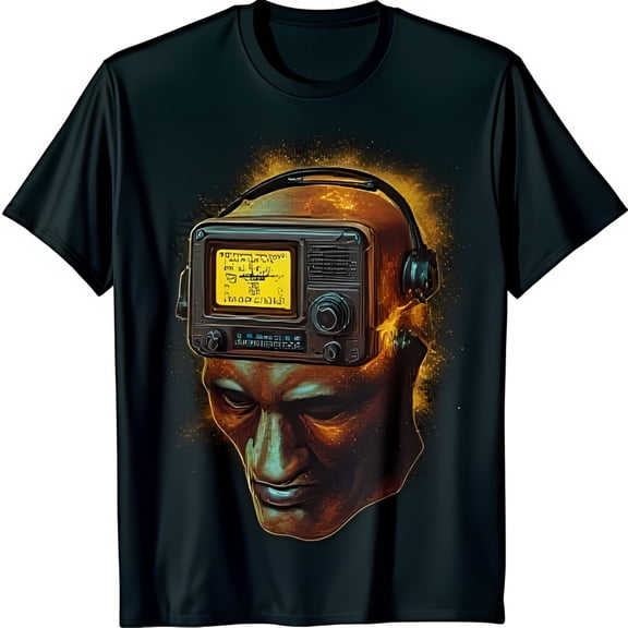 Vintage Radio Brain T-Shirt Unique Human Head Design on Black Tee