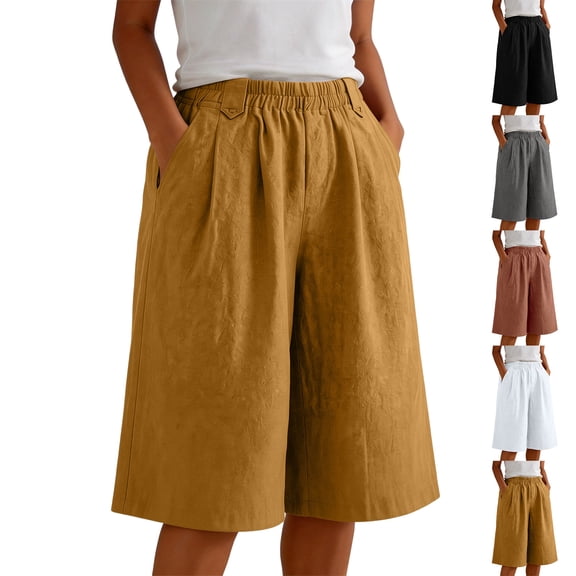 Summer Shorts for Women Plus Size with Pockets 100% Cotton High Waist Wide Leg Shorts Elastic Waist Pleated Culottes for Casual & Office Wear