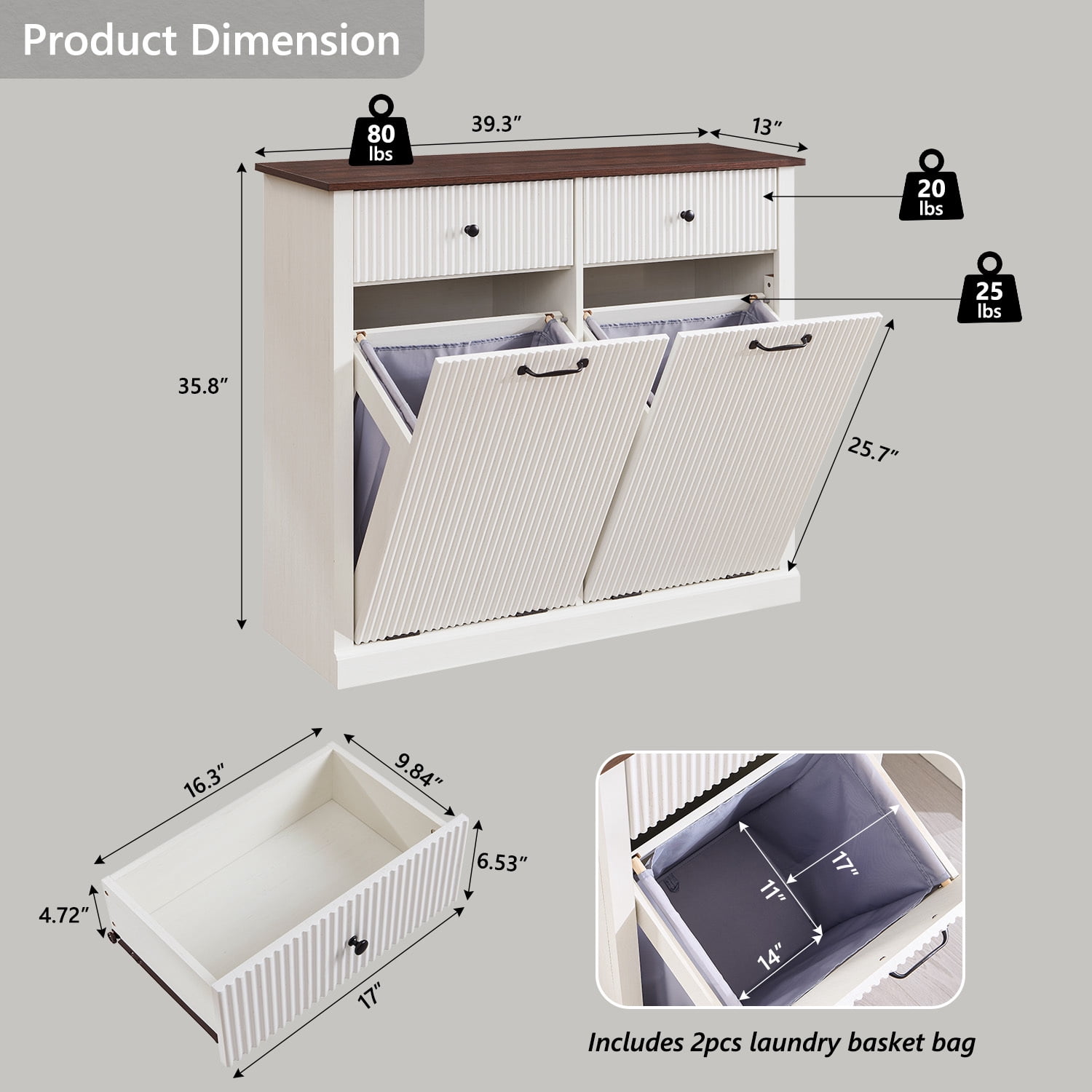 IFGET Double Fluted Tilt-Out Trash Can Cabinet, 20 Gallon Wood Hidden Garbage Can Cabinets with Storage Drawers, Laundry Hamper Cabinet for Bathroom, Kitchen