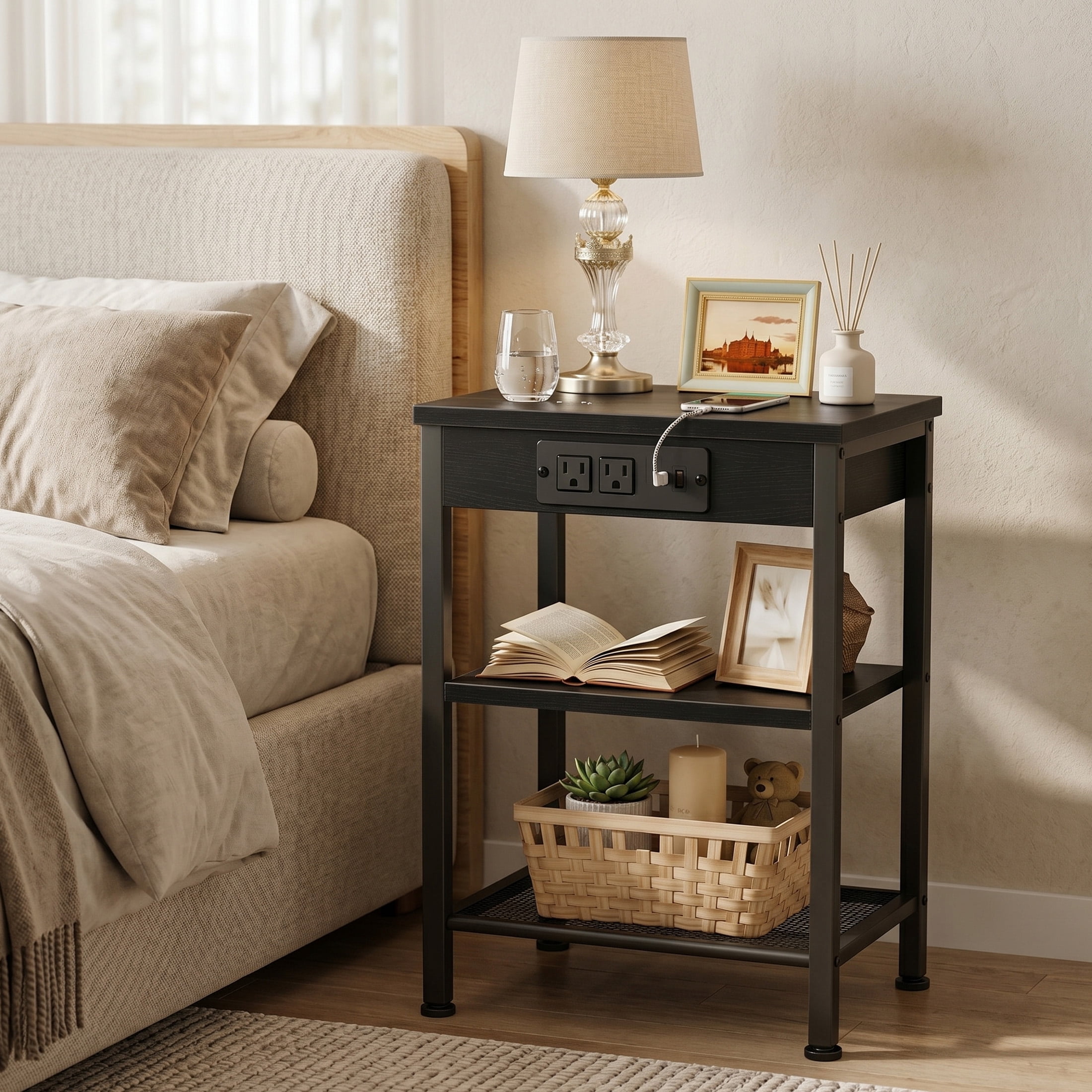 CONCETTA 3 Tier Nightstand with Charging Station, Bedside End Table for Bedroom Living Room, Black