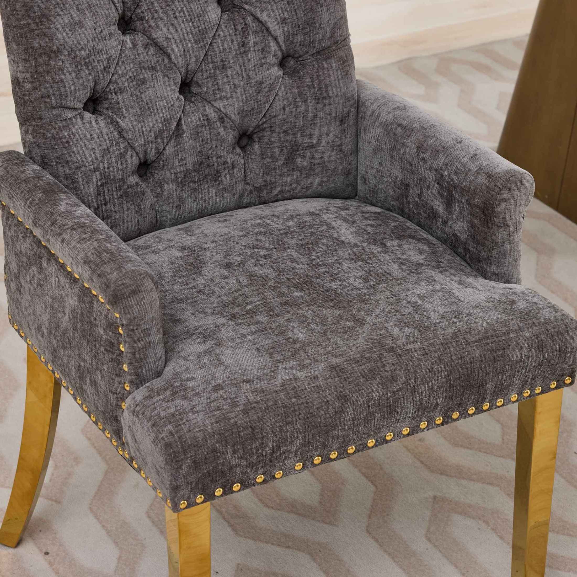 GDF Studio Upholstered Dining Chair with Button-Tufted Back, Nailhead Trim, Stainless Steel Legs, Gray