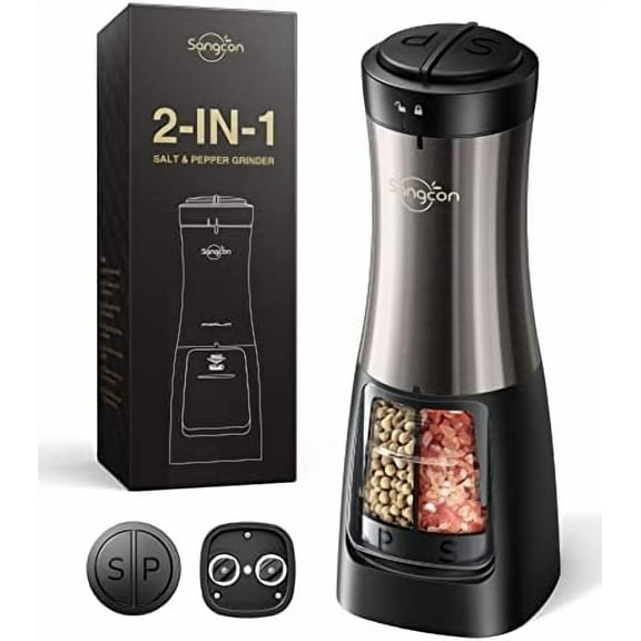 Electric Salt and Pepper Grinder Set Shaker 2 IN 1 - Automatic Salt and Pepper Grinder Mill, Battery Powered One-Handed Operation Refillable with Light Dual Ceramic Grinder