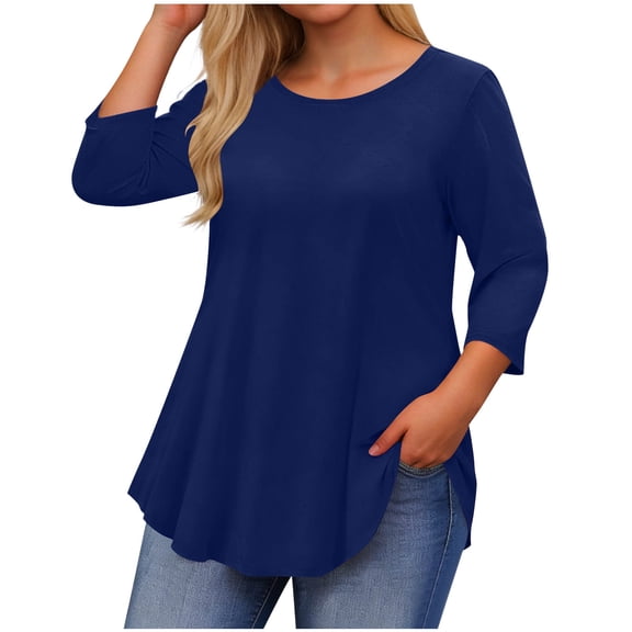 Staron Women's Casual Loose 3/4 Sleeve T-Shirt Round Neck Plus Size Top Basic Comfy Relaxed Spring Summer Blouse, Navy XL