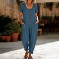 thumbnail image 2 of Women's Cotton Linen Solid‑Color Short‑Sleeve Jumpsuit U‑Neck Button‑Front Loose Baggy One‑Piece Pants with Side Pockets Blue S(S), 2 of 9