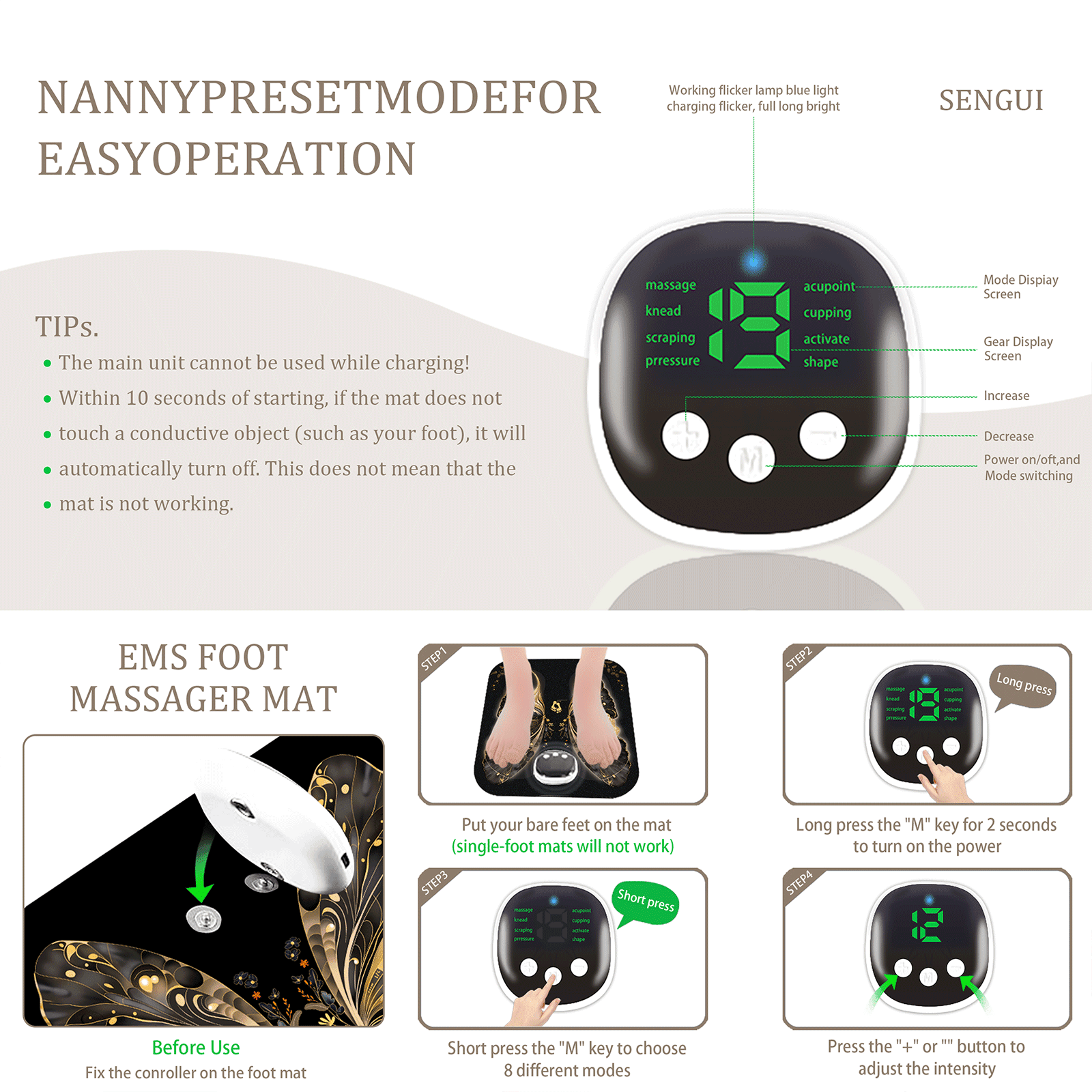 SENGUI EMS Foot Massager Nerve Mat 8 Mode 20 Level - Electronic Pulse Stimulator: Transcutaneous Electrical Nerve Stimulator Massage for Pain Relief & Circulation, with TENS and PMS Unit