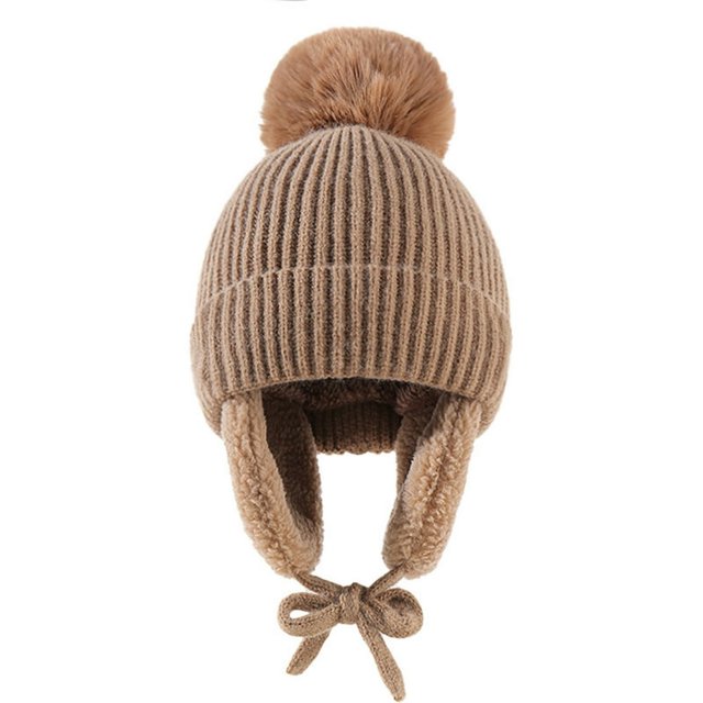 Children Winter Hat Thick Solid Color Head Ear Protection Plush Ball Decor Lace Up Windproof Elastic Cold Resistant Unisex Baby Cap Beanie Winter Accessories
