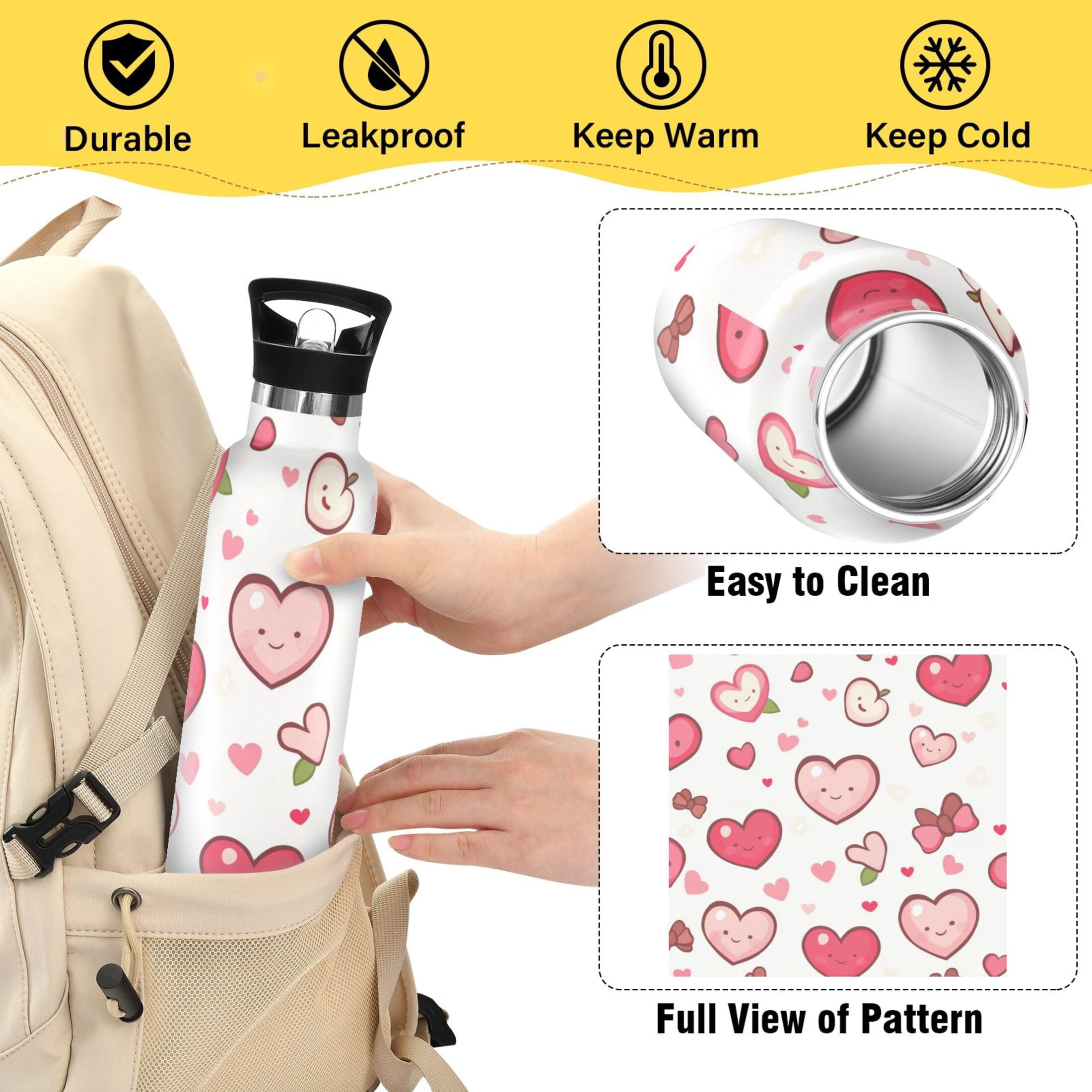 Kids Insulated Stainless Steel Sports Water Bottle 600ml (20oz) Cartoon Pink Hearts Pattern