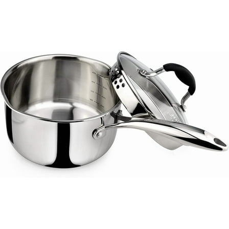 Tri-Ply Stainless Steel Saucepan with Glass Strainer Lid, Two Side Spouts, Ergonomic Handle, Multipurpose Sauce Pan with Lid, Sauce Pot, Cooking Pot (Tri-Ply Full Body, 2.5 Quart)