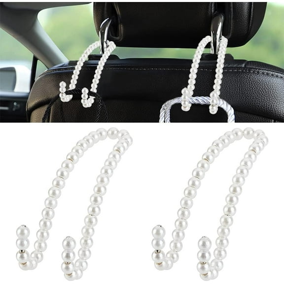 2Pcs White Pearl Car Hook Hanger Universal Car Storage Headrest Hanger Holder Hooks Car Hangers Organizer with Pearl Beads for Purses Grocery Bag Keys Handbag Decorations Organizer 1box