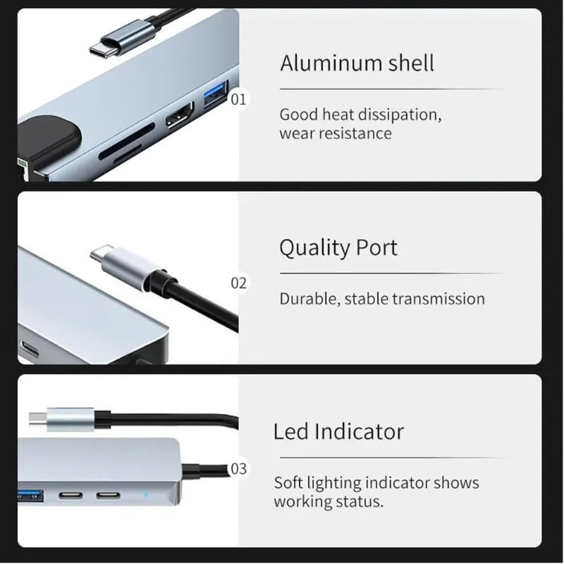 Generic USB 8 in 1 Type C 3 1 to 4k Hd Hub Adapter with Sd Tf Rj45 Card Reader Pd Fast Charge for Macbook Notebook Computer, Silver