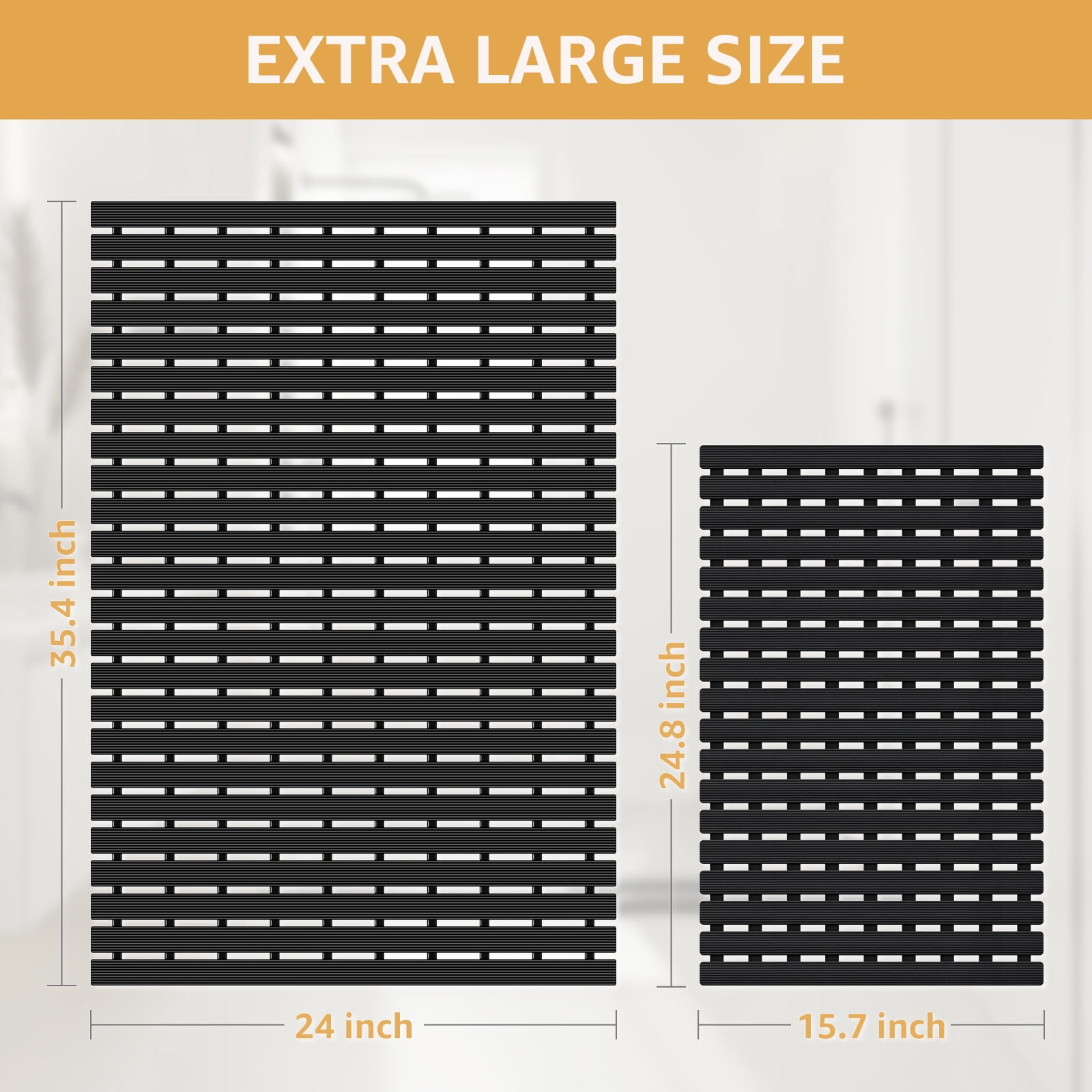 Yolife Extra Large PVC Shower Mat, 35.4x24 inch Non-Slip Bath Mat with Quick Drain, No Suction Cups, Easy to Cut & Store for Tub, Stall, Spa,Black