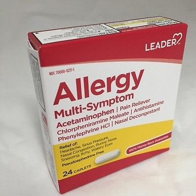 Leader Allergy Multi Symptom Acetaminophen Pain Reliever Caplets, 24 Ea