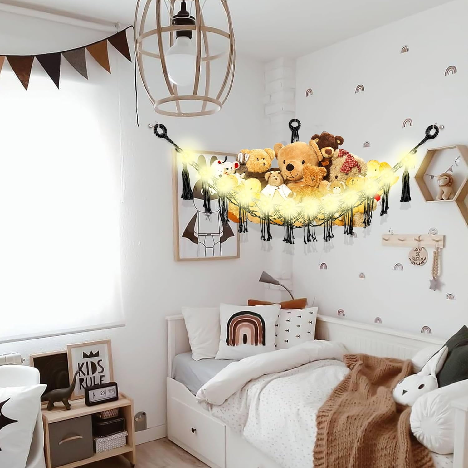 Stuffed Animal Hammock with LED Light, 2 Pack Toy Hammock for Stuffed Animals Storage for Kids, Stuffed Animal Hammock Corner, Black