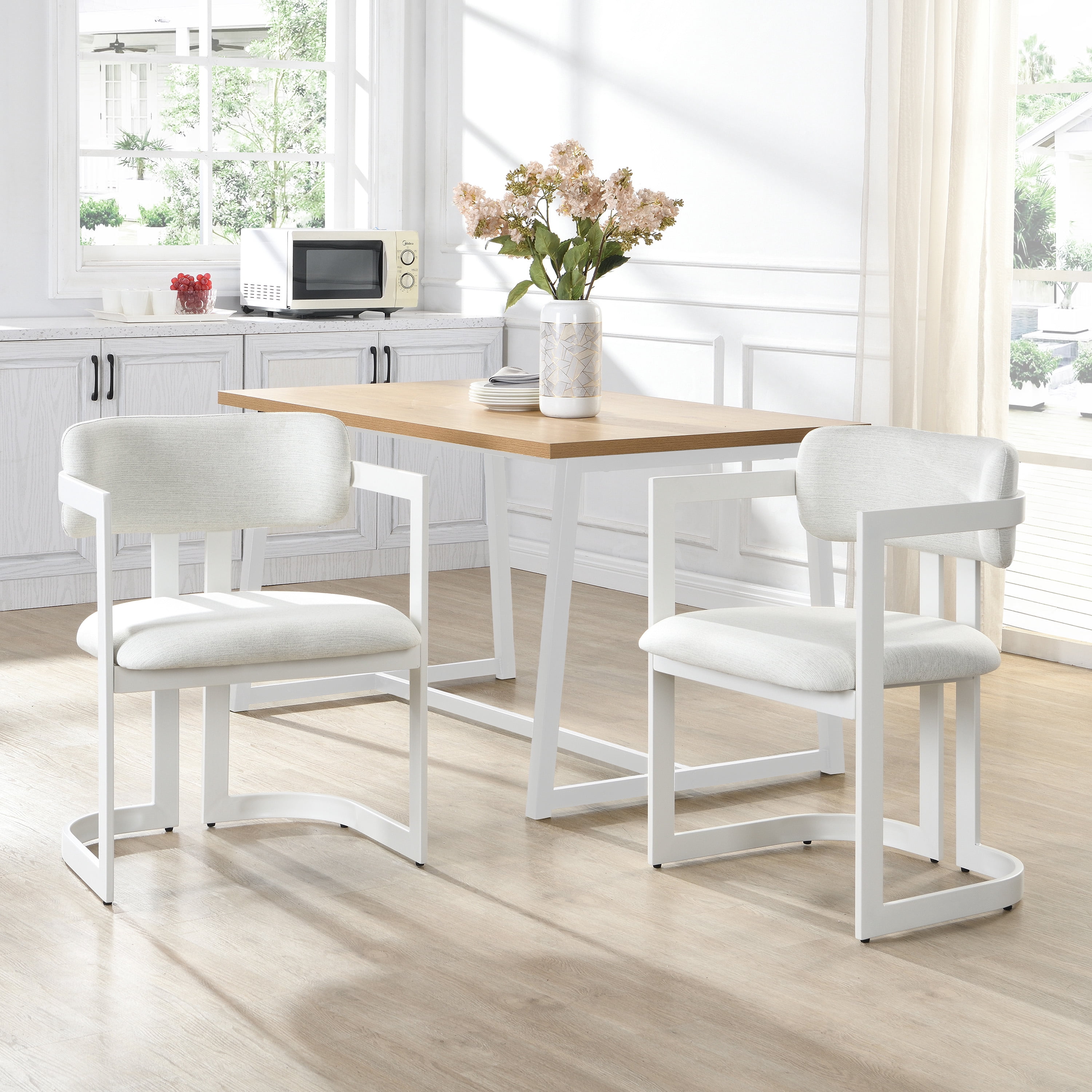 Dining Chairs Set of 2, Upholstered Armchairs, Fabric Dining Chairs with Beige Seat and White Metal Frame for Kitchen Dining Room Small Space, 265 lbs Capacity