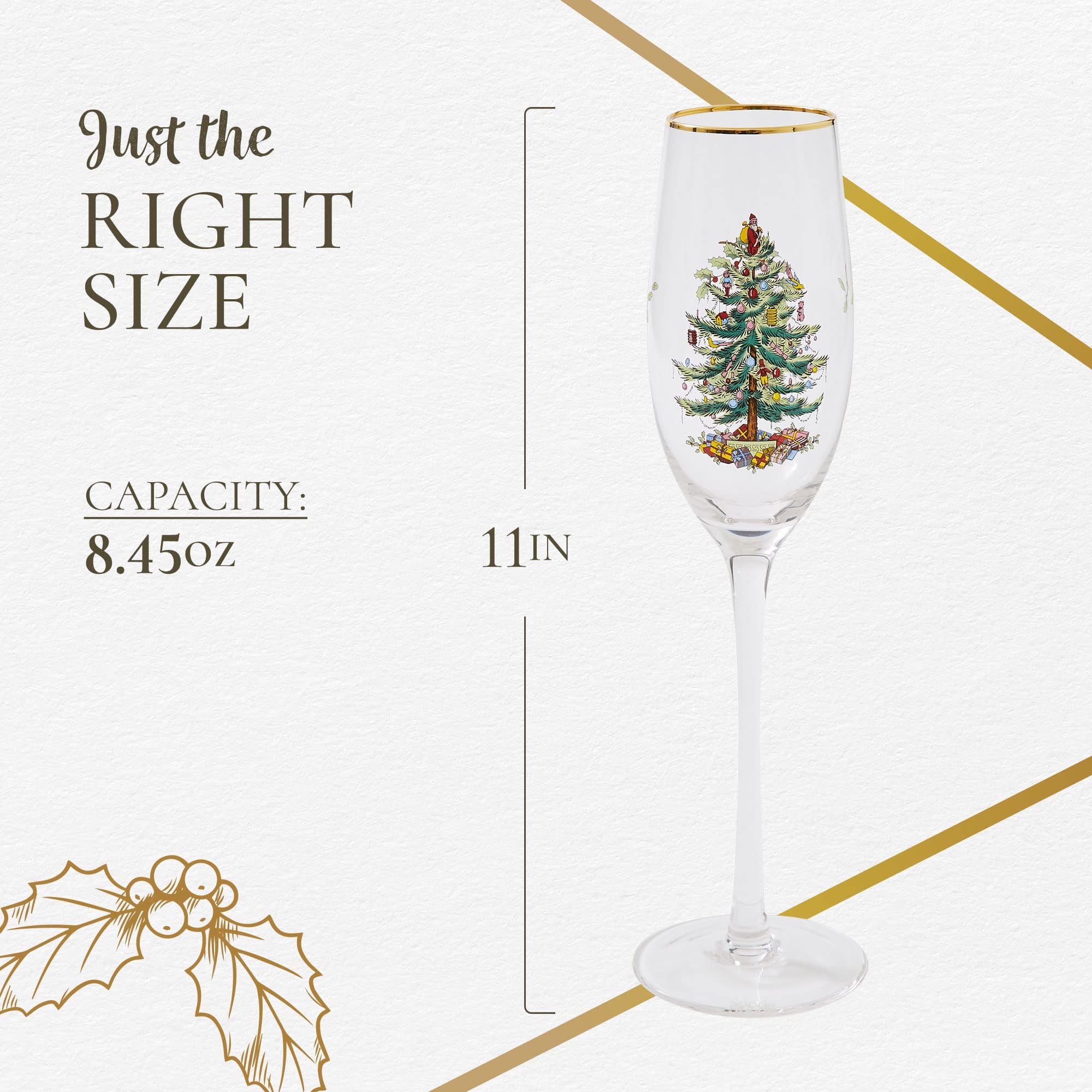Spode Christmas Tree Gold 8.5oz Champagne Flutes (Set of 4) - Gold Rimmed Glasses, Festive Holiday Drinkware for Christmas Dinner, Wedding Gifts - Classic Holiday Glassware for Wine & Minosas