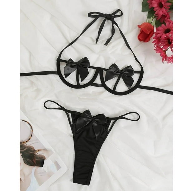 Lace Two Piece Lingerie for Women Babydoll Sleepwear Bikini Underwear Bra +  Thong Pajama Set 