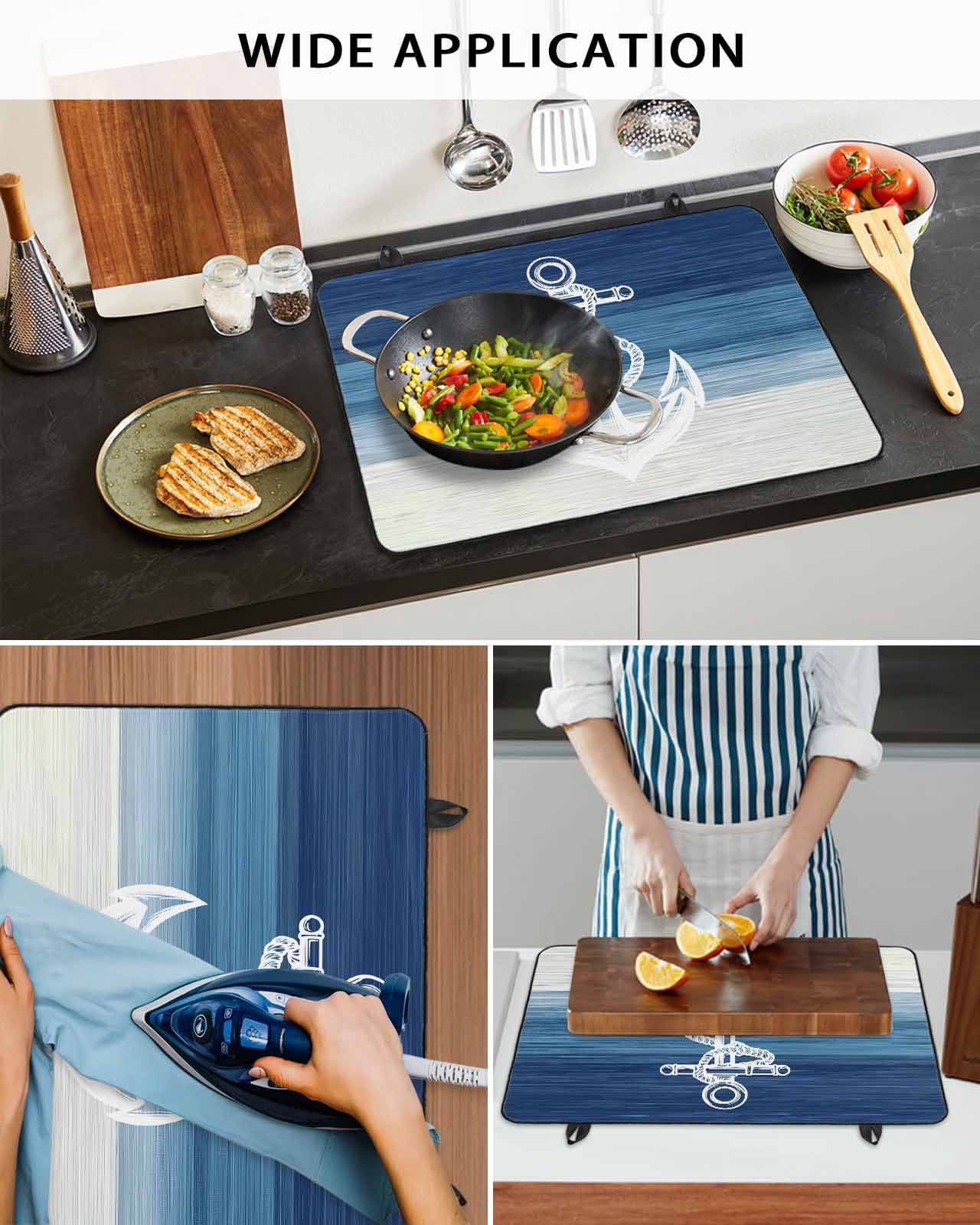 nqOlkjepod Large Induction Cooktop Protector Mat 36"x21", Nautical Anchor Navy Blue Stove Top Covers for Electric Stove, Coastal Ocean Ombre Striped Stove Burner Cover Mats, Glass Top Stove Cover