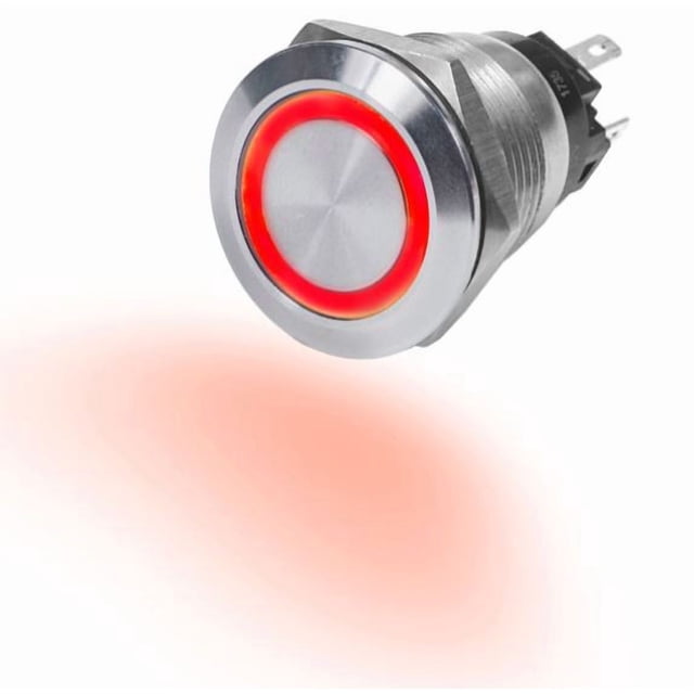 Blue Sea Push Button Switch 4162-BSS On/Off Switch; 10 Amps; Panel Mount; LED Red Ring; Stainless Steel; Silver Button