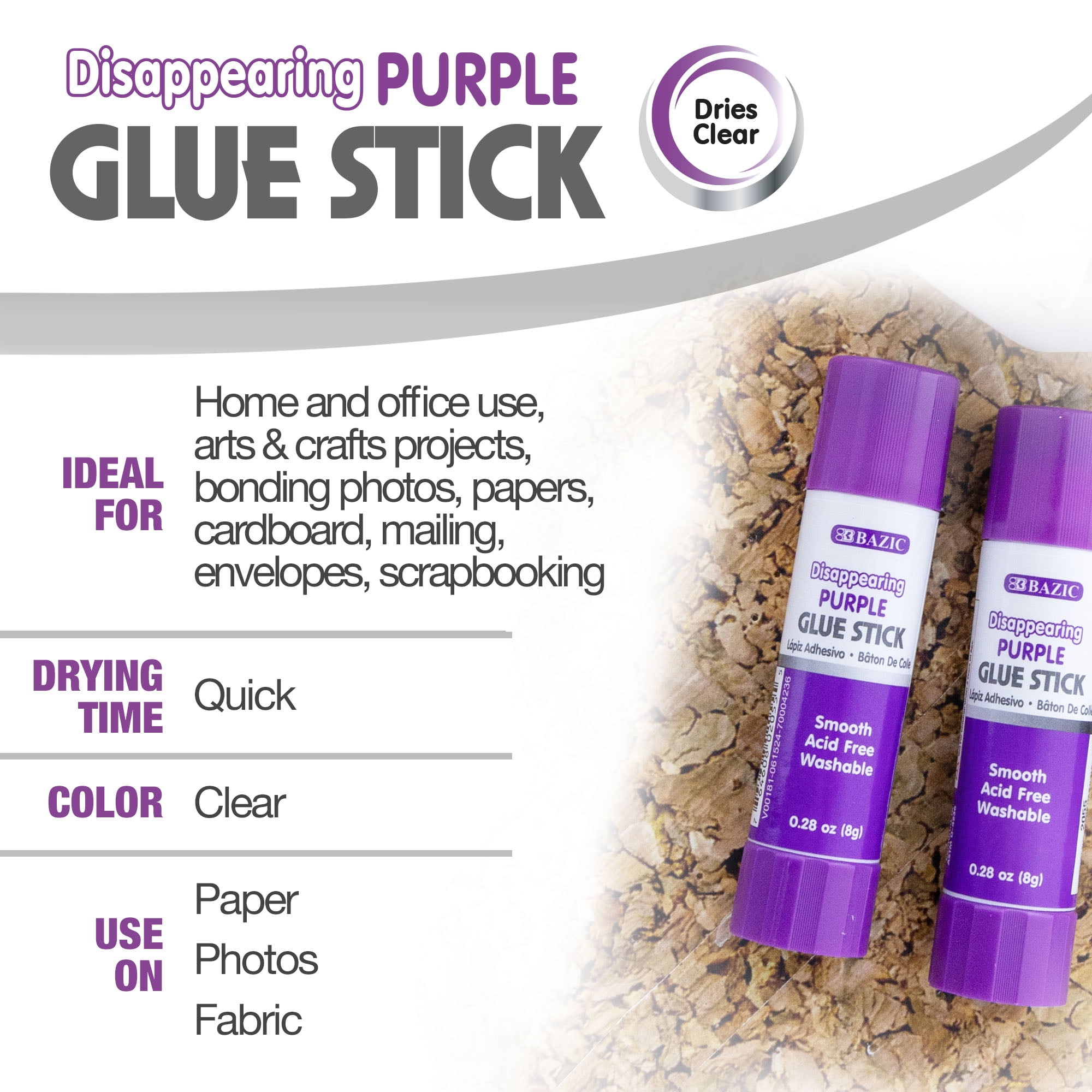 BAZIC Washable Disappearing Purple Glue Stick 8g Acid Free Glue Sticks, 288-count
