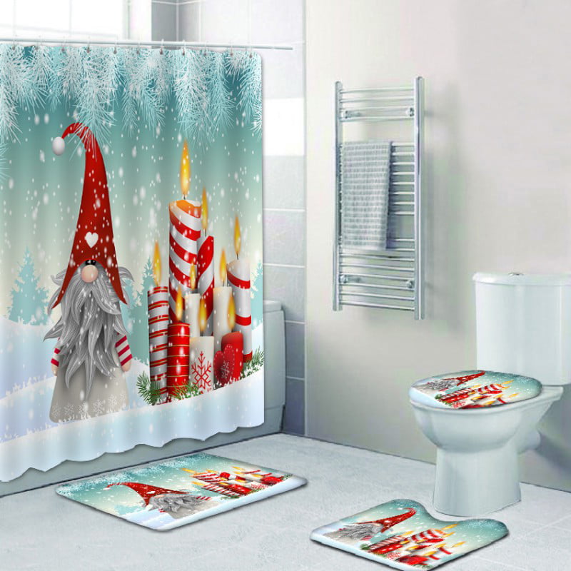 71" Christmas Dwarf Elf Candle Shower Curtain Sets For Bathroom Decor w/ Hooks 
