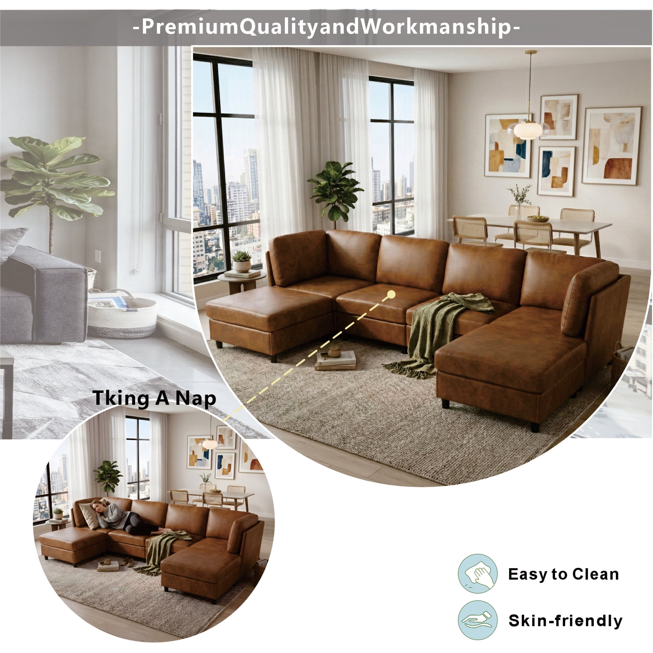 Noble House 6-Seat Modular Sectional Sofa with Convertible Ottoman, Foil Fabric Corner Couch, Light Brown