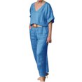 thumbnail image 2 of BLTIBY 2025 Cotton Linen 2 Piece Sets for Women Summer Solid Color Loose Short Sleeve V Neck Shirts Wide Leg Pant Matching Set Plus Size Vacation Outfits with Belt Blue XL, 2 of 6