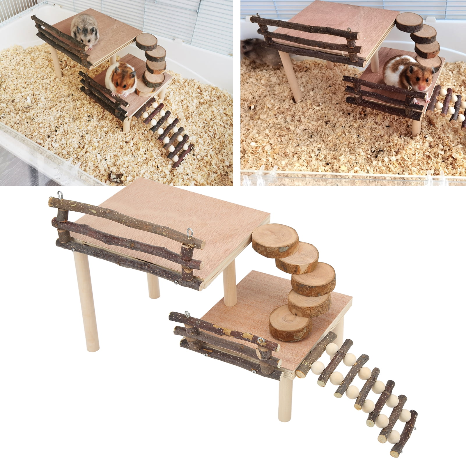 M Buder Hamster Climbing Platform 2 Layer Wooden Playground Multipurpose Small Pet Habitat Decor, Gerbil Rat Chinchilla Exercise Activity Center, 12.2 inches / 31 cm Length, Natural Wood Color