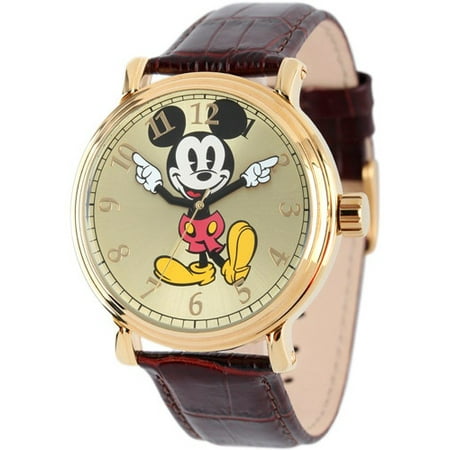 Mickey Mouse Men's Shinny Gold Vintage Articulating Alloy Case Watch, Brown Leather