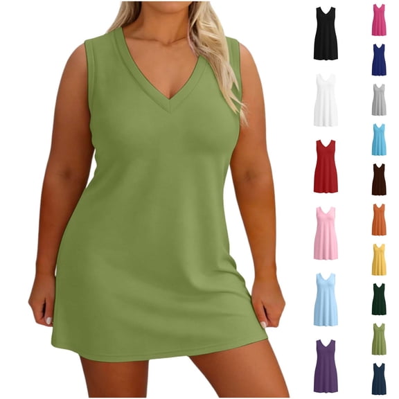 Asxite Plus Size Summer Dresses for Women Casual Solid Loose V Neck Sleeveless Midi Sundress