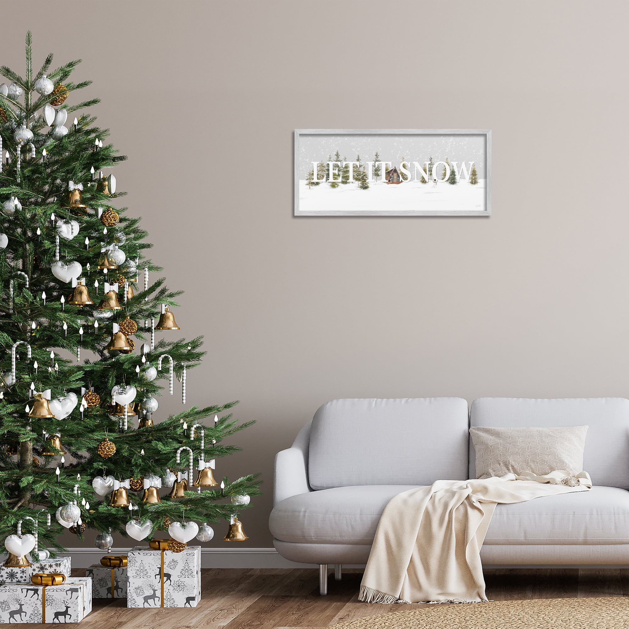 Stupell Industries Let It Snow Scene Holiday Painting Gray Framed Art Print Wall Art, 30 x 13