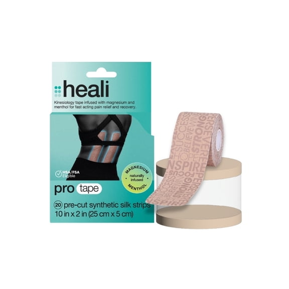 Heali PRO Kinesiology Tape, Menthol and Magnesium, 20 Precut Strips, Synthetic Silk, Beige Inspo