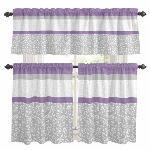 Purple Grey Kitchen Curtains Sets for Windows 24 Inch Length, Chic Garden Floral Stripe Aesthetic Flower Rod Pocket Window Treatments Tier Curtains and Valances Set for Bedroom/Bathroom