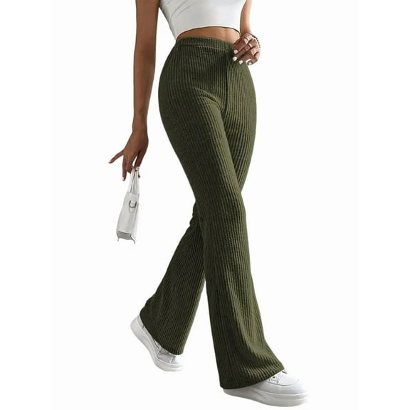 Wide Leg Pants Women High Waisted Pull on Lounge Elastic Waist Fall Winter Casual Knit Trousers Pants Green M