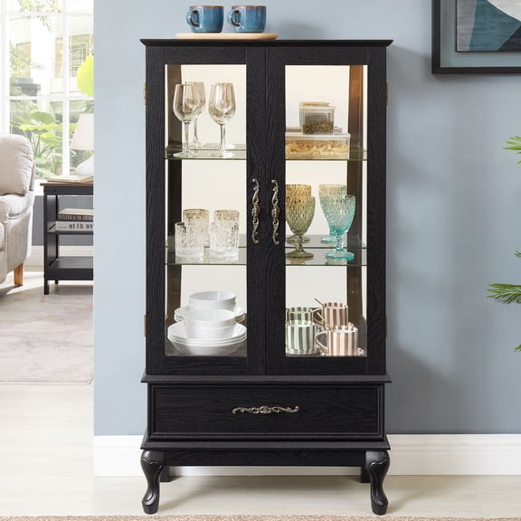 CQSXDA Lighted Curio Cabinet with Glass Doors and Adjustable Shelves Featuring a Black Finish and Drawer for Home Storage