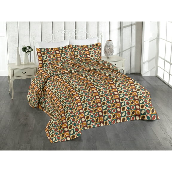 Ambesonne Vintage Quilted Bedspread Set 3 Pcs, Circular Shapes Abstract, King, Brown Apricot and Teal