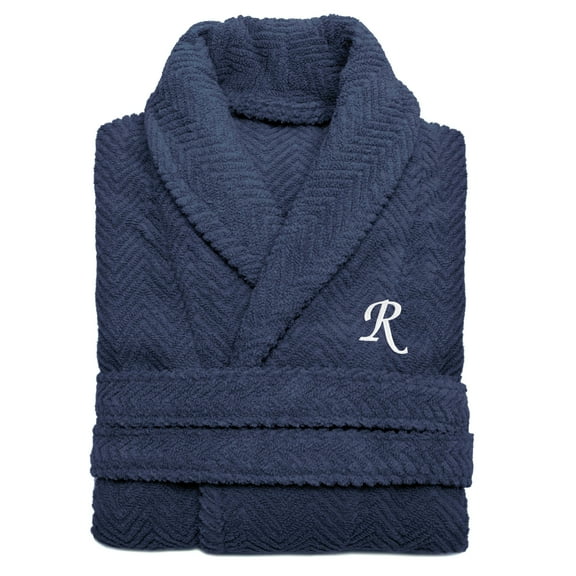 Authentic Hotel and Spa Midnight Blue with White Monogrammed Herringbone Weave Turkish Cotton Unisex Bath Robe R L/XL