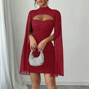 SwiftWear Women's Mock Neck Chiffon Cloak Sleeve Knit Sparkly Mini Dress Elegant Shift Glitter Bodycon Dress Going Out Cocktail & Party Dresses, Red