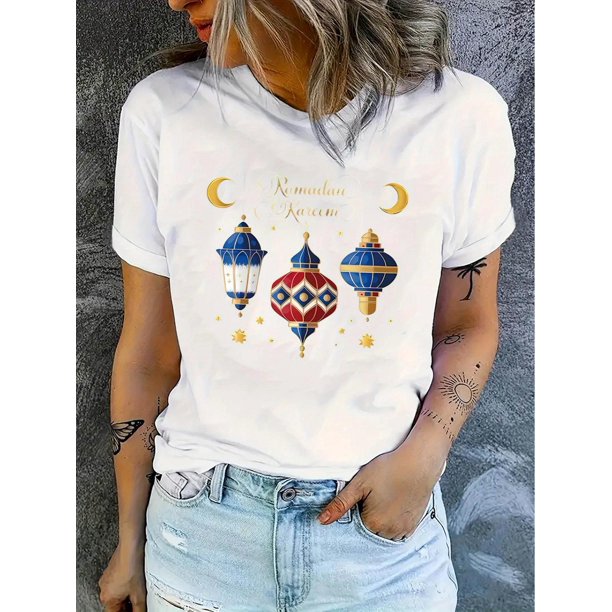 Creative Moon Lantern Pattern Printed Women'S Trendy Round Neck Short Sleeve, Simple Casual Sports T-Shirt, Comfortable Summer Top for Holidays.