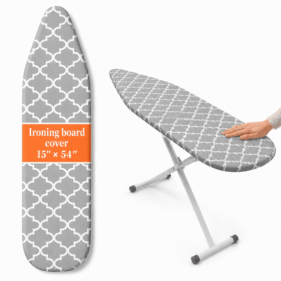 POITVD Ironing Board Cover , 15 x 54 Inch Thick 3-Layer Cotton Cover with Elastic Edge, Nose Pocket and 2 Hook-and-Loop Straps, Scorch-Resistant, Gray Trellis Ironing Board Cover