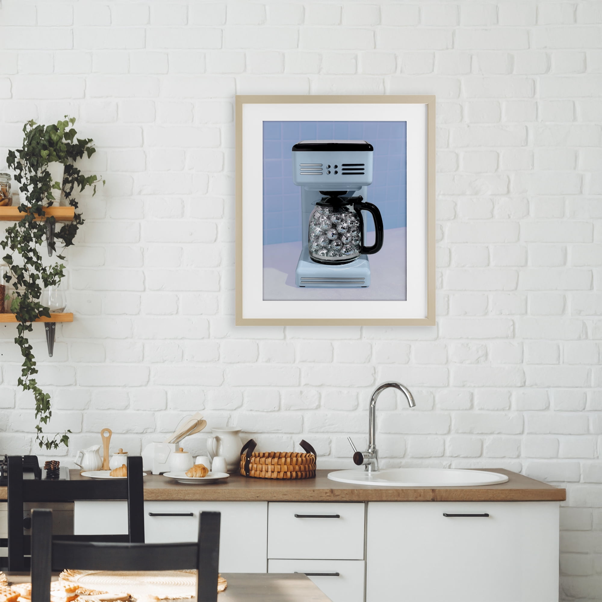 Stupell Industries Disco Coffee Maker over Blue Birch Framed Print Under Glass, design by LISH Creative