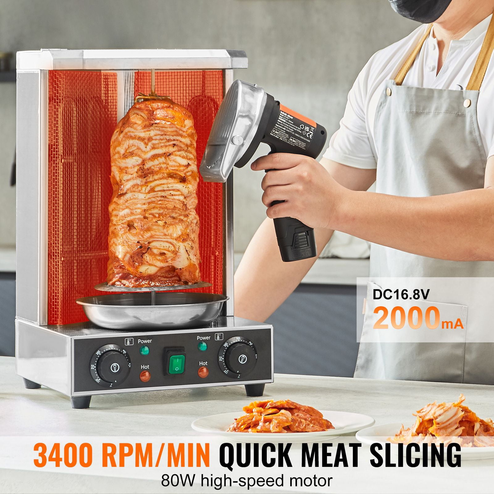 Cordless Shawarma Knife 80W 0-8mm Thickness with 2 Batteries 115min Runtime for Turkish Kebab