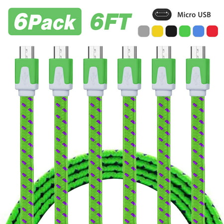 6-pack 6Ft Nylon Braided Micro USB Charging Sync Data Cable Charger Cord for Android Phones, Samsung Galaxy S7 S6/S5/Note 5,Tab A/E/S, LG G4/G3/G2/K5/K7/K8,