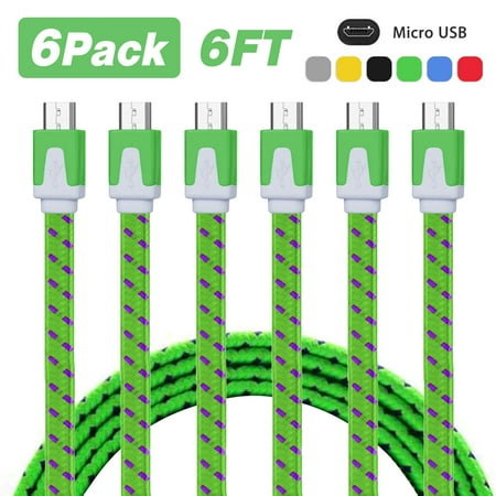 Micro Usb 6ft 6-pack 6Ft Nylon Braided Micro USB Charging Sync Data Cable Charger Cord for Android Phones, Samsung Galaxy S7 S6/S5/Note 5,Tab A/E/S, LG G4/G3/G2/K5/K7/K8, HTC ()