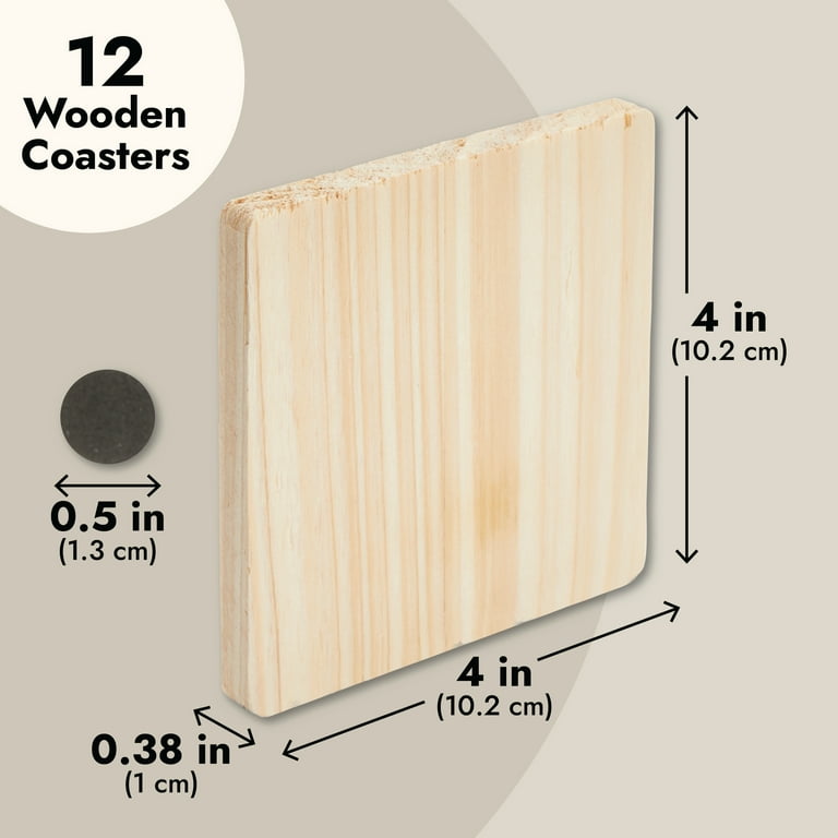 12 Pack Unfinished Wooden Coasters , Blank Wood Crafts Squares for DIY with  Non-Slip Foam Dots (3.7 in) 