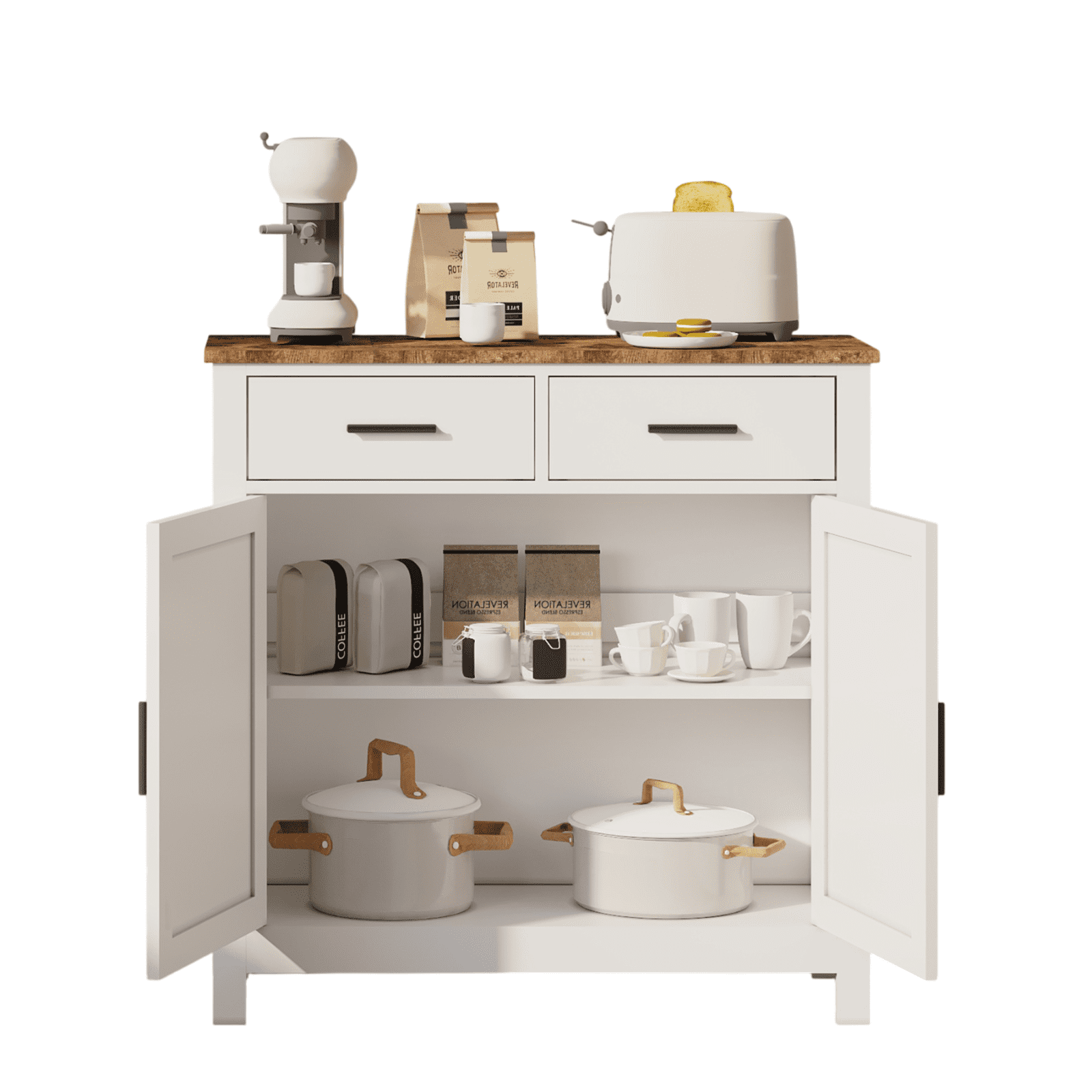 Homy Casa Farmhouse Storage Cabinet with 2 Drawers and Double Doors, Buffet Sideboard for Kitchen, White